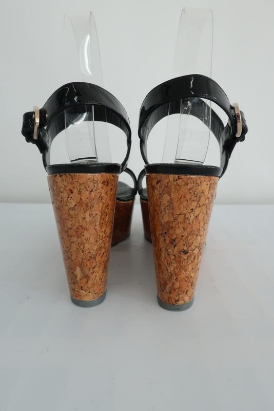 Sergio Rossi Coated Cork Platform Wedge Sandals Black Patent Leather Size 40 available at CelebrityOwned.com img_4