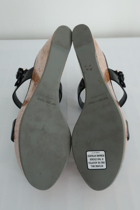 Sergio Rossi Coated Cork Platform Wedge Sandals Black Patent Leather Size 40 available at CelebrityOwned.com img_5