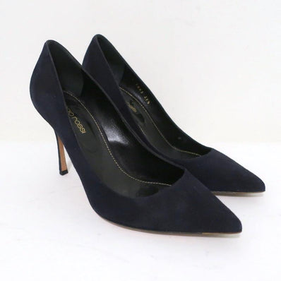 Sergio Rossi Godiva Pumps Navy Suede Size 37.5 Pointed Toe Heels available at CelebrityOwned.com img_1