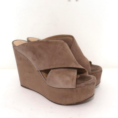 Sergio Rossi Platform Wedge Sandals Alma Beige Suede Size 38 Crisscross Heel available at CelebrityOwned.com img_1