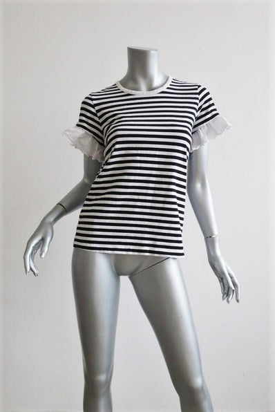 Sonia by Sonia Rykiel Eyelet Ruffle-Trim Tee Black/White Stripe Size Large available at CelebrityOwned.com img_1