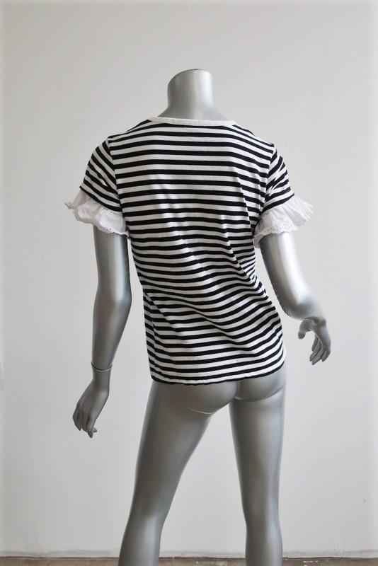 Sonia by Sonia Rykiel Eyelet Ruffle-Trim Tee Black/White Stripe Size Large available at CelebrityOwned.com img_4