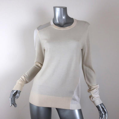 St. John Sweater Ivory Wool-Blend Paneled Knit Size Medium Crewneck Pullover available at CelebrityOwned.com img_1