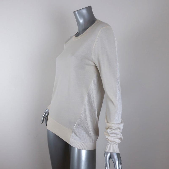 St. John Sweater Ivory Wool-Blend Paneled Knit Size Medium Crewneck Pullover available at CelebrityOwned.com img_4
