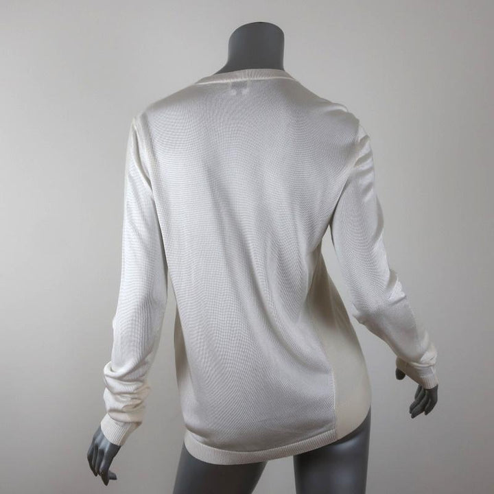 St. John Sweater Ivory Wool-Blend Paneled Knit Size Medium Crewneck Pullover available at CelebrityOwned.com img_5