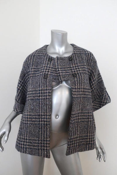 Stella Jean Tweed Jacket Beige/Navy Houndstooth Plaid Size 42 Short Sleeve available at CelebrityOwned.com img_1