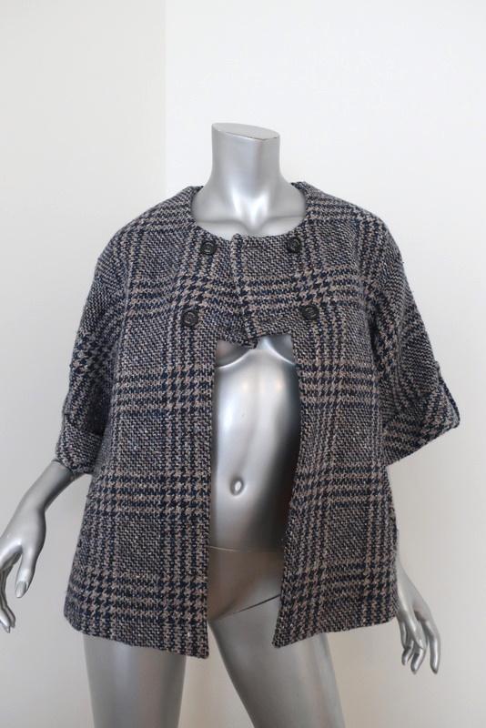 Stella Jean Tweed Jacket Beige/Navy Houndstooth Plaid Size 42 Short Sleeve available at CelebrityOwned.com img_1