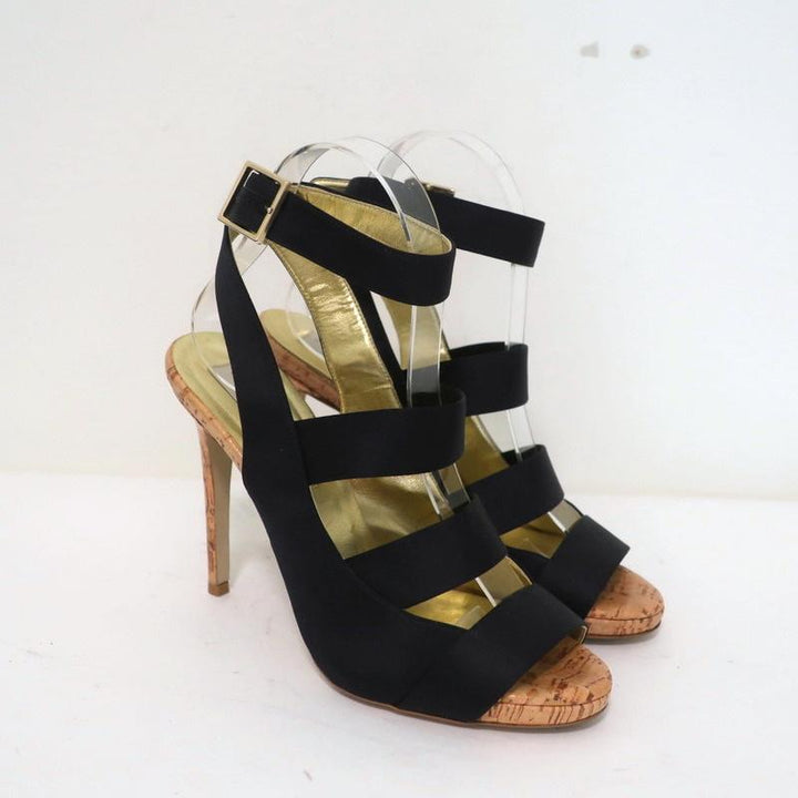 Stella McCartney Cage Sandals Black Satin &amp; Cork Size 37 Ankle Strap Heels available at CelebrityOwned.com img_1