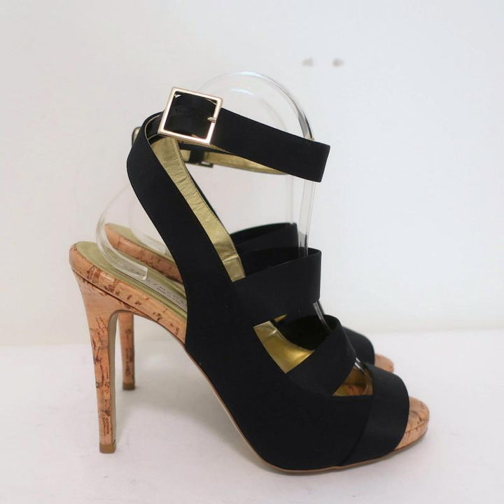 Stella McCartney Cage Sandals Black Satin &amp; Cork Size 37 Ankle Strap Heels available at CelebrityOwned.com img_2
