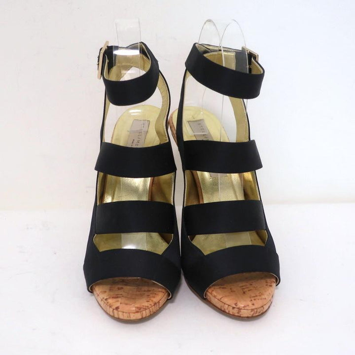 Stella McCartney Cage Sandals Black Satin &amp; Cork Size 37 Ankle Strap Heels available at CelebrityOwned.com img_3