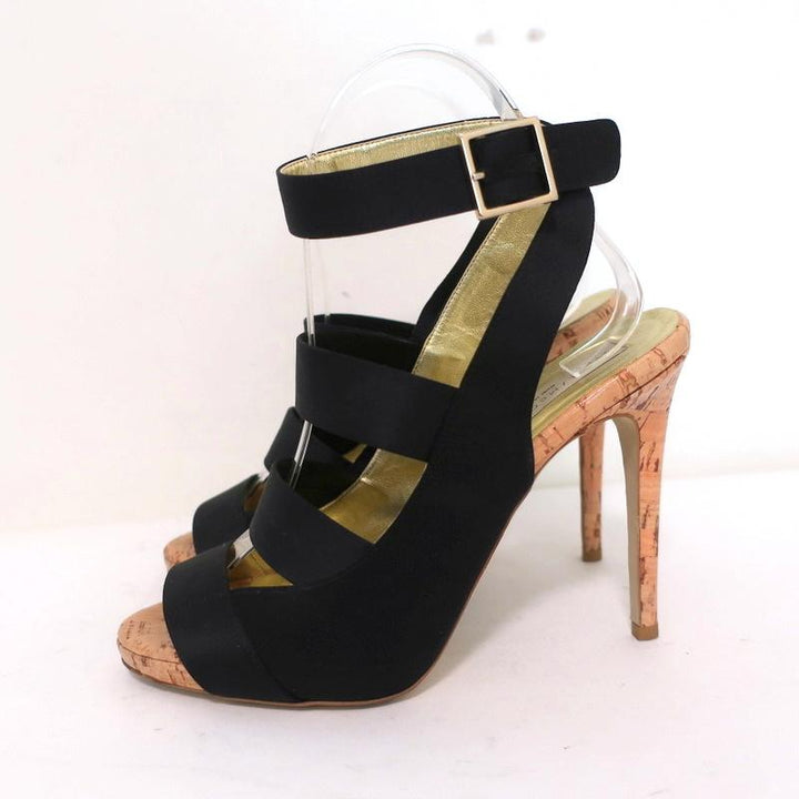 Stella McCartney Cage Sandals Black Satin &amp; Cork Size 37 Ankle Strap Heels available at CelebrityOwned.com img_5