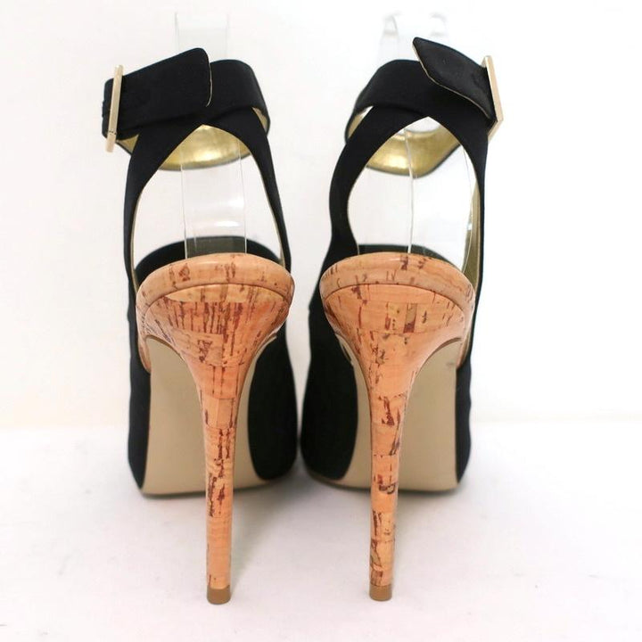 Stella McCartney Cage Sandals Black Satin &amp; Cork Size 37 Ankle Strap Heels available at CelebrityOwned.com img_7