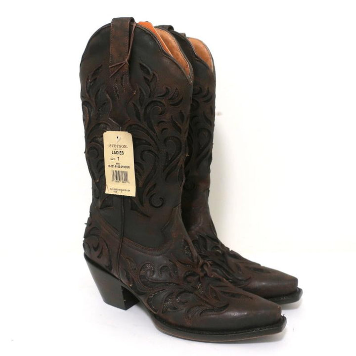 Stetson Cowboy Boots Brown Cutout Leather &amp; Lace Size 7 NEW available at CelebrityOwned.com img_1