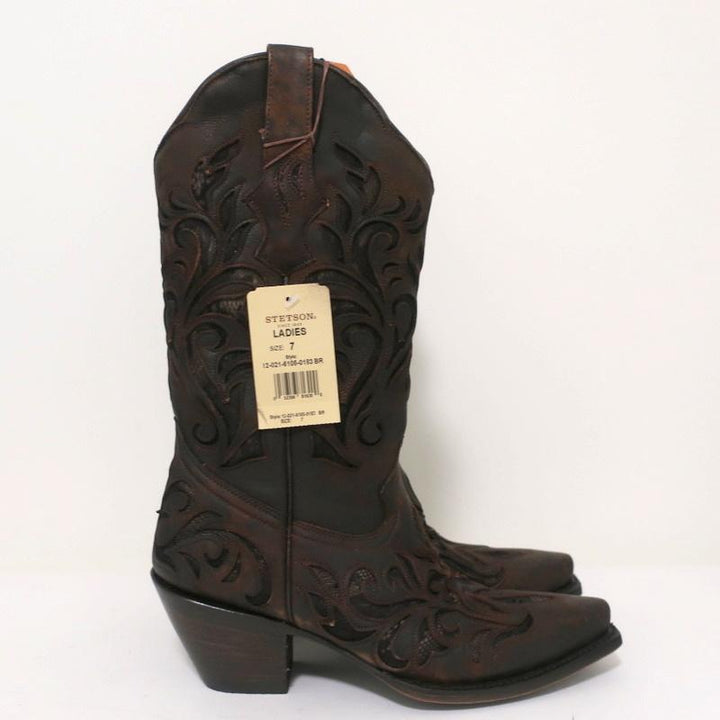 Stetson Cowboy Boots Brown Cutout Leather &amp; Lace Size 7 NEW available at CelebrityOwned.com img_3