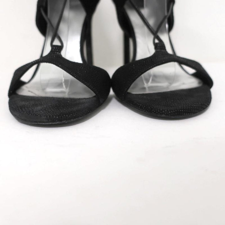 Stuart Weitzman LegWrap Lace-Up Sandal Black Textured Suede Size 7 Open Toe Heel available at CelebrityOwned.com img_5