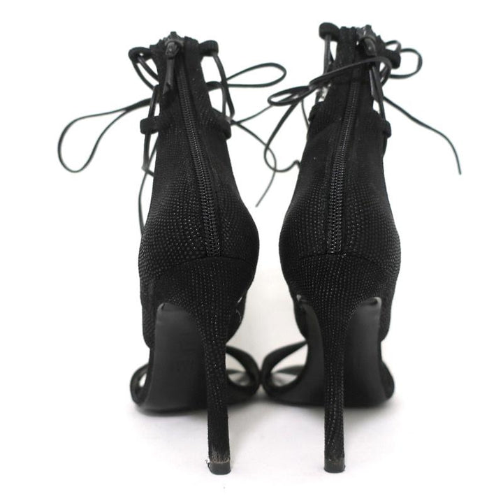 Stuart Weitzman LegWrap Lace-Up Sandal Black Textured Suede Size 7 Open Toe Heel available at CelebrityOwned.com img_9