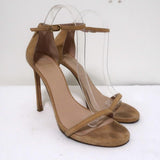 Stuart Weitzman Nudist Sandals Beige Textured Suede Size 8.5 Ankle Strap Heel available at CelebrityOwned.com img_1