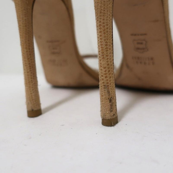 Stuart Weitzman Nudist Sandals Beige Textured Suede Size 8.5 Ankle Strap Heel available at CelebrityOwned.com img_9