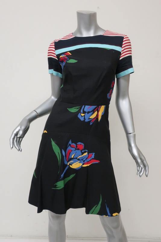 Suno Dress Black Floral & Striped Print Twill Size 2 Short Sleeve Fit & Flare available at CelebrityOwned.com img_1