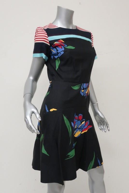 Suno Dress Black Floral &amp; Striped Print Twill Size 2 Short Sleeve Fit &amp; Flare available at CelebrityOwned.com img_4