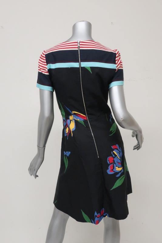 Suno Dress Black Floral &amp; Striped Print Twill Size 2 Short Sleeve Fit &amp; Flare available at CelebrityOwned.com img_5