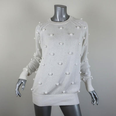 THE GREAT Pom Pom Sweater White Cotton Knit Size 0 Crewneck Pullover available at CelebrityOwned.com img_1