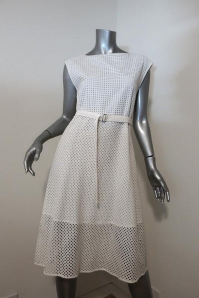 Theory Dress Afala White Eyelet Embroidered Cotton Size 6 Belted A-Line available at CelebrityOwned.com img_1