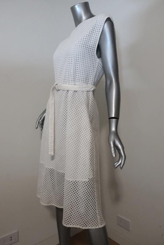 Theory Dress Afala White Eyelet Embroidered Cotton Size 6 Belted A-Line available at CelebrityOwned.com img_4