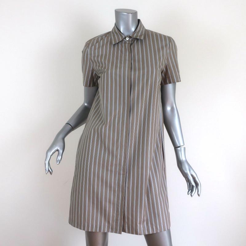 Theory Shirtdress Beige Ribbon Stripe Cotton Size Small Short Sleeve Mini Dress available at CelebrityOwned.com img_1