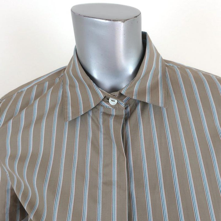 Theory Shirtdress Beige Ribbon Stripe Cotton Size Small Short Sleeve Mini Dress available at CelebrityOwned.com img_2