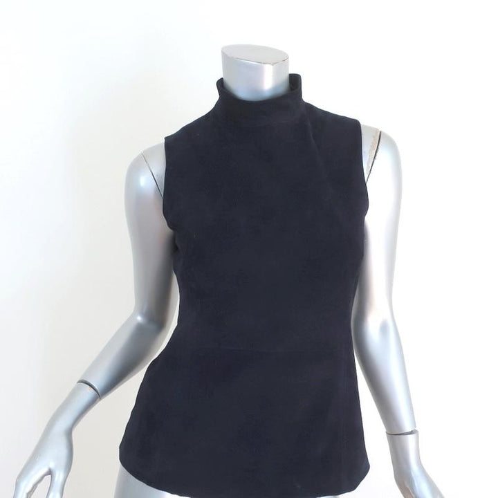 Theory Top Eulia Tidle Navy Suede &amp; Ponte Jersey Size Small Sleeveless Mock Neck available at CelebrityOwned.com img_1