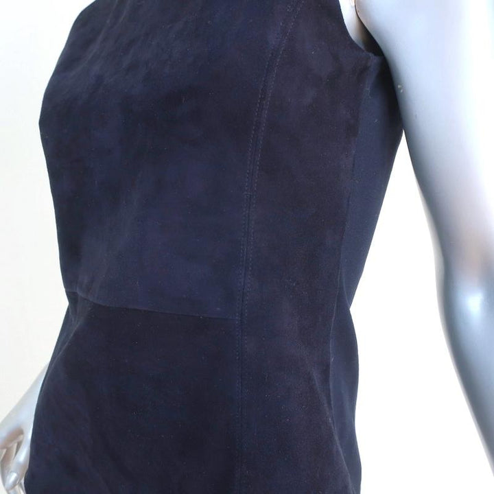 Theory Top Eulia Tidle Navy Suede &amp; Ponte Jersey Size Small Sleeveless Mock Neck available at CelebrityOwned.com img_4
