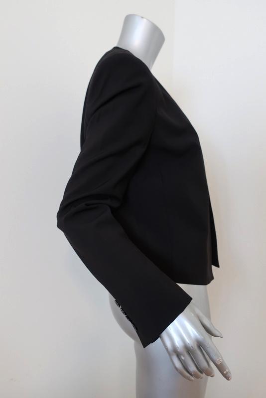 Tibi Cropped Scarf Blazer Black Tropical Wool Size 6 Open Front Jacket available at CelebrityOwned.com img_2