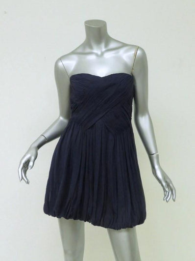Tibi Dress Navy Pleated Silk Chiffon Size 4 Strapless Bubble Hem Mini available at CelebrityOwned.com img_1