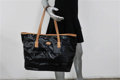 Tod's Toujours Media Tote Black Coated Canvas & Tan Leather Large Shoulder Bag available at CelebrityOwned.com img_1
