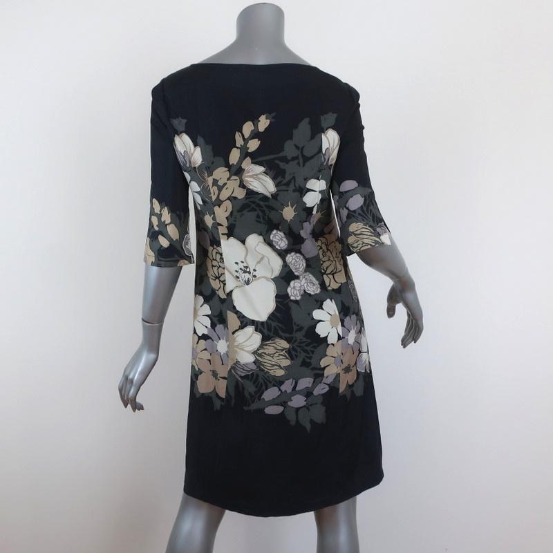 Tory Burch Dress Charcoal/Multi Floral Print Silk Size 2 Boatneck Shift available at CelebrityOwned.com img_5