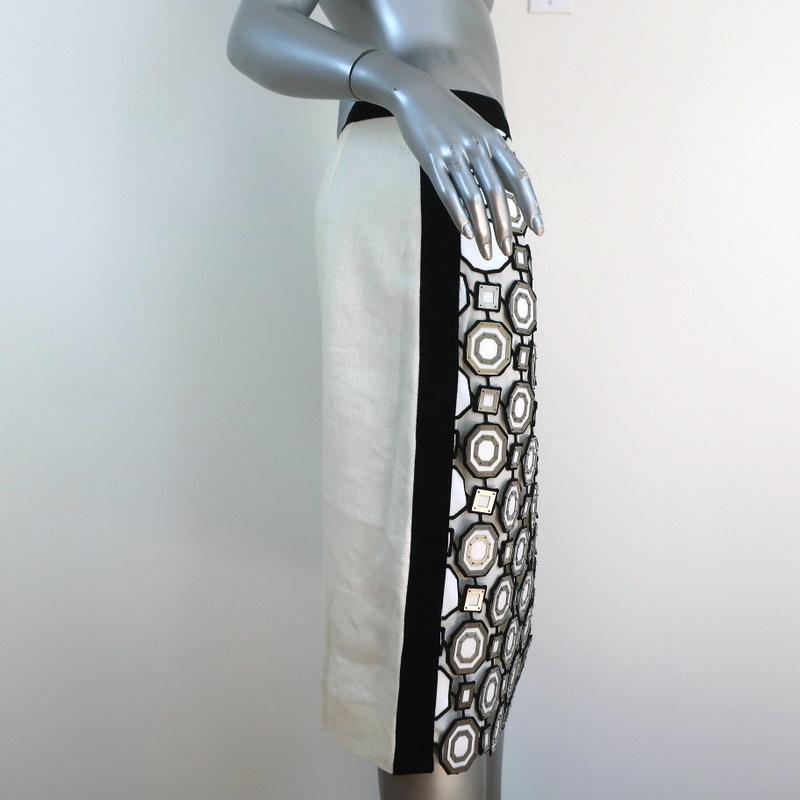 Tory Burch Pencil Skirt Gloria Metal-Embellished Guipure Lace &amp; Linen Size 6 available at CelebrityOwned.com img_4