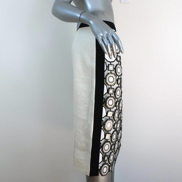 Tory Burch Pencil Skirt Gloria Metal-Embellished Guipure Lace &amp; Linen Size 6 available at CelebrityOwned.com img_4