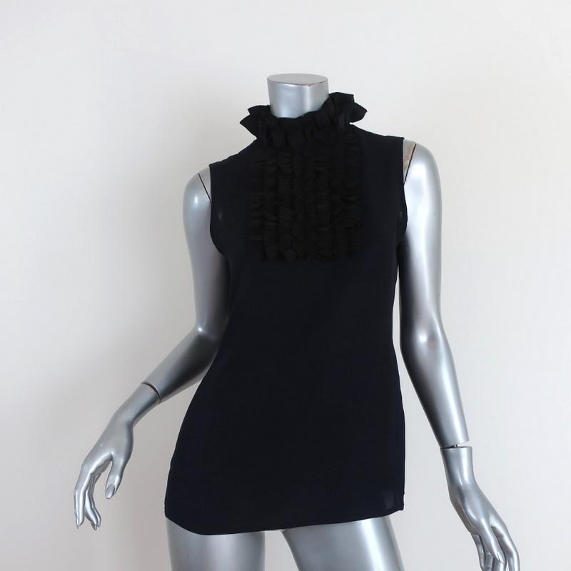 Tory Burch Ruffle Bib Top Navy/Black Silk Size 2 Sleeveless Blouse available at CelebrityOwned.com img_1