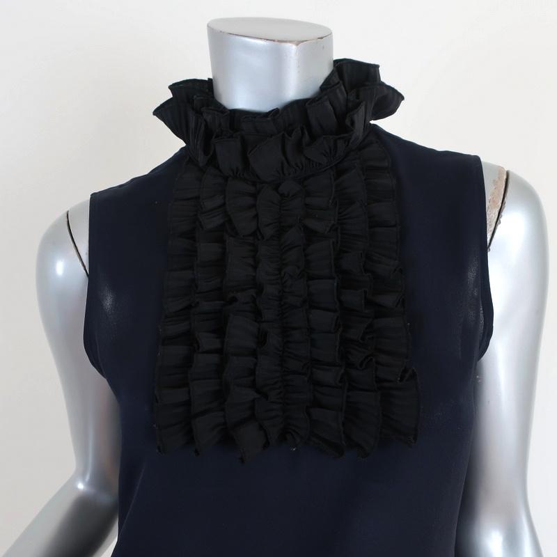 Tory Burch Ruffle Bib Top Navy/Black Silk Size 2 Sleeveless Blouse available at CelebrityOwned.com img_2