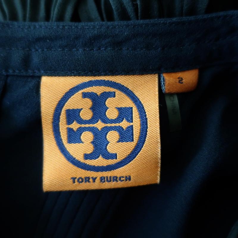 Tory Burch Ruffle Bib Top Navy/Black Silk Size 2 Sleeveless Blouse available at CelebrityOwned.com img_7