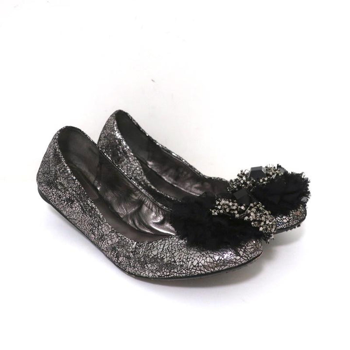 Tory Burch Scrunch Ballet Flats Amelia Crystal-Embellished Silver Leather Size 8 available at CelebrityOwned.com img_1