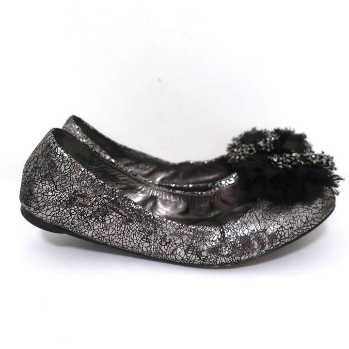 Tory Burch Scrunch Ballet Flats Amelia Crystal-Embellished Silver Leather Size 8 available at CelebrityOwned.com img_3
