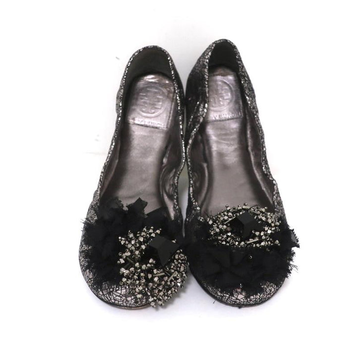 Tory Burch Scrunch Ballet Flats Amelia Crystal-Embellished Silver Leather Size 8 available at CelebrityOwned.com img_4
