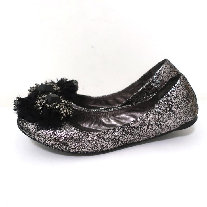 Tory Burch Scrunch Ballet Flats Amelia Crystal-Embellished Silver Leather Size 8 available at CelebrityOwned.com img_6