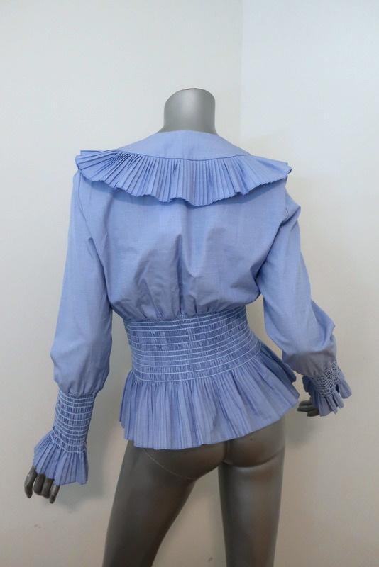 Tory Burch Smocked Cotton Top Blue Size 4 Ruffle Trim Peplum