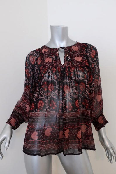 Ulla Johnson Blouse Bea Black/Red Floral Print Silk Size 0 Peasant Top available at CelebrityOwned.com img_1