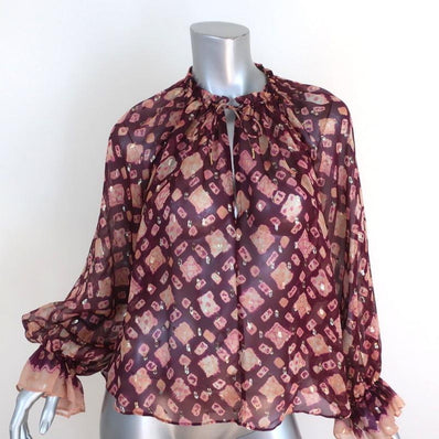 Ulla Johnson Blouse Nailah Bordeaux Lurex Printed Silk Size 0 Long Sleeve Top available at CelebrityOwned.com img_1