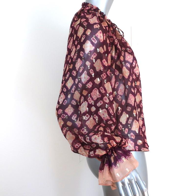 Ulla Johnson Blouse Nailah Bordeaux Lurex Printed Silk Size 0 Long Sleeve Top available at CelebrityOwned.com img_4