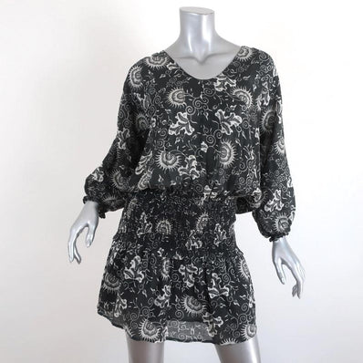 Ulla Johnson Dress Batu Charcoal Floral Print Cotton Size 2 Smocked Waist Mini available at CelebrityOwned.com img_1